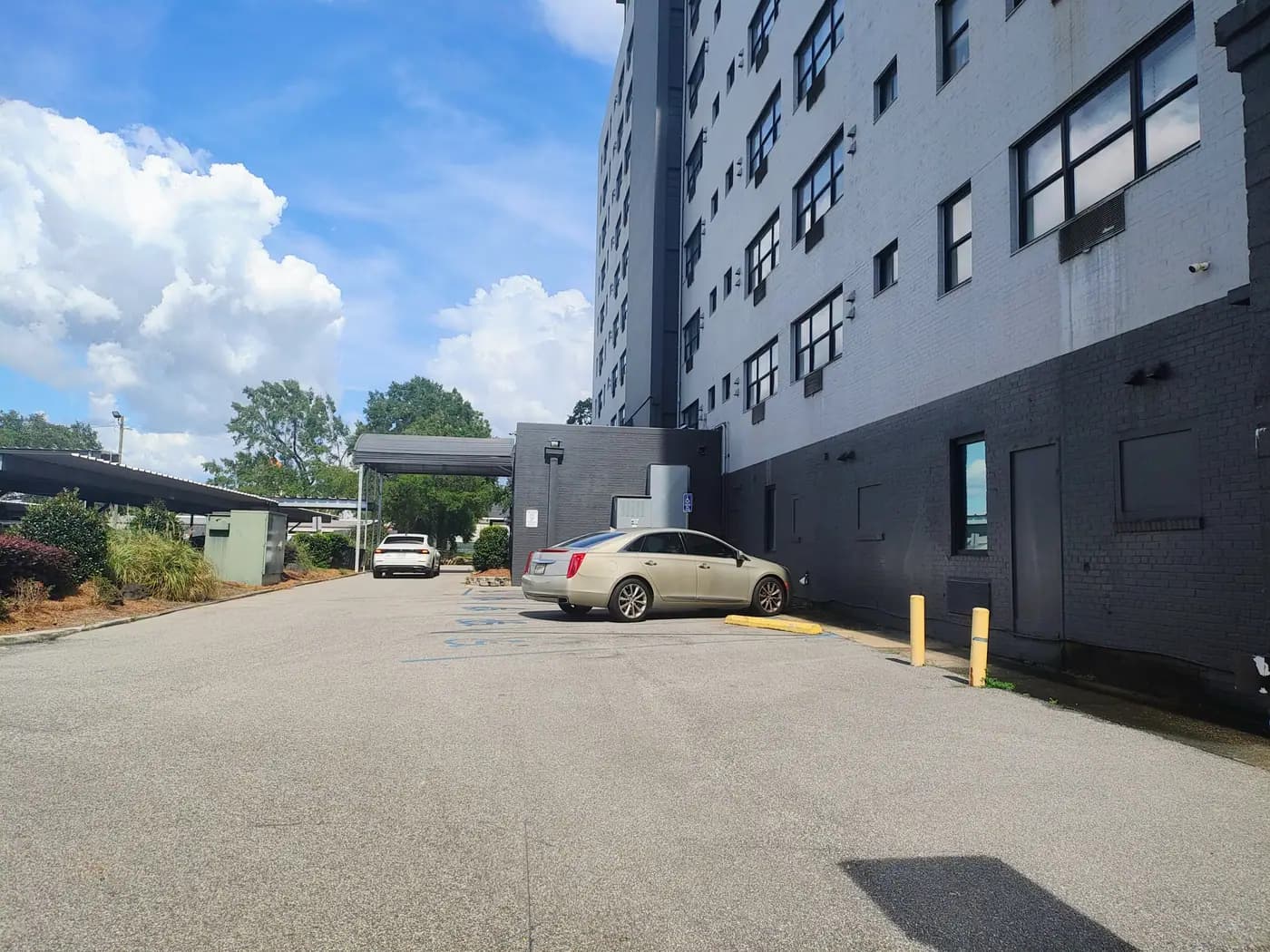 Covered parking alongside the Elevate 758 tower
