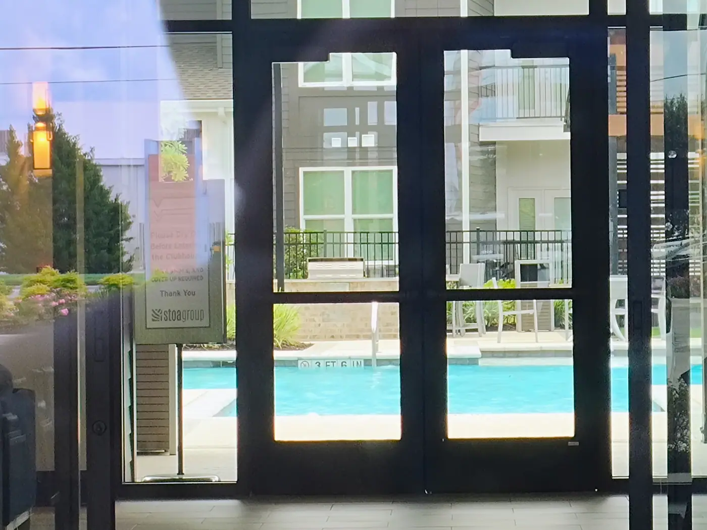 The pool at The Waters at McGowin seen from the clubhouse
